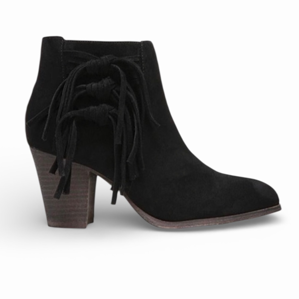 Fergalicious Black Suede Fringe Ankle Boots Women’s 8 Block Heel Western Boho